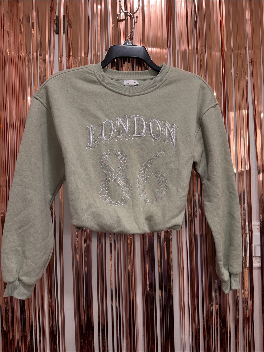 Embellished Sage Green 'London 86' Crewneck Sweatshirt